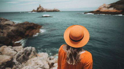 Woman travelling photo from behind wearing an orange hat, Instagram style, looking at the sea, ocean, holiday, generative AI