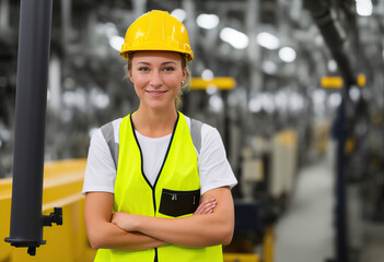 Generative AI image of smiling female engineer in protective helmet and uniform crossing arms while standing in blurred factory and looking at camera