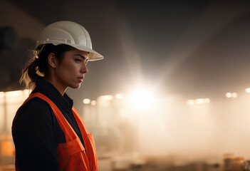 Generative AI image of low angle side view of serious young female engineer in hardhat and overall looking away while standing against blurred background of evening sky