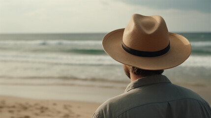 Fototapeta na wymiar Man travelling photo from behind on a beach wearing a beige hat, Instagram style, looking at the sea, ocean, holiday, generative AI