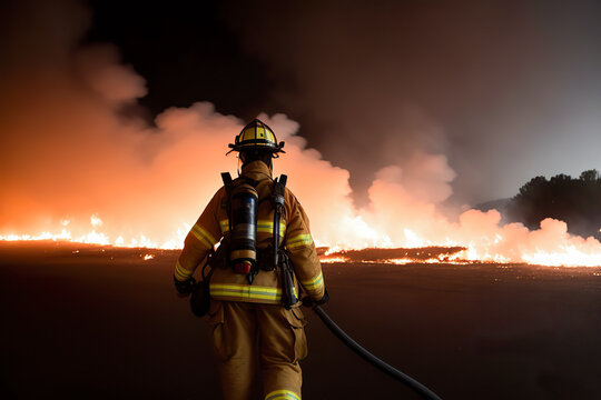Generative AI image of back view of unrecognizable firefighter in protective helmet and uniform standing with water hose pipe near place raging with burning fire