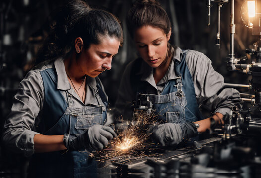 Generative AI image of focused female workers in apron uniform gloves looking down and working together while doing welding on equipment in dark workshop with lamp