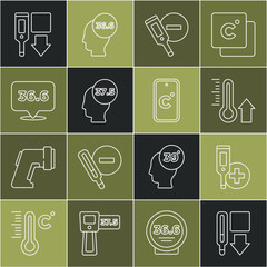 Set line Medical thermometer, Digital, Meteorology, High human body temperature, and Celsius icon. Vector