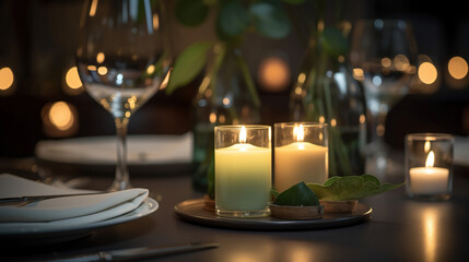 Romantic dinner place setting with plates and cutlery on table. Generative AI