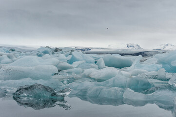 Jokulsarlon Glacier Lagoon and Icebergs in Water.