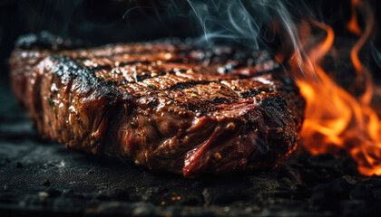 Close up of Grilled steak on the grill with flame in dark black background. Food recipe and ingredient concept. Generative AI