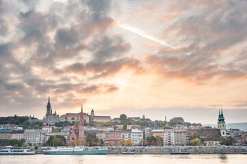 Landscape of Budapest with some famous buildings and Danube river. Hungary