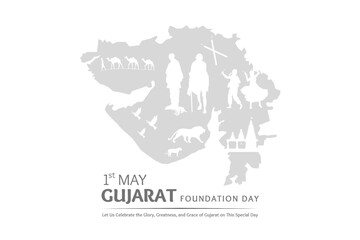 Gujarat Foundation Day Vector With famous icons and Gujarat map. - obrazy, fototapety, plakaty