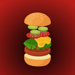 Delicious flying hamburger, fast food, street food 3d vector