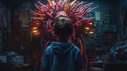 Fototapeta na wymiar Facing Fears, Brave Kid Confronts Nightmares and Imaginary Monsters. Generative AI