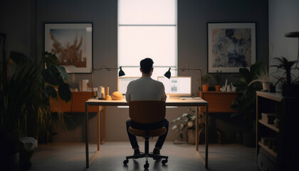 Fototapeta premium Black man sitting back to work with laptop on table in nice room decorated with plants, workplace for freelancers, new working lifestyle, work at home concept