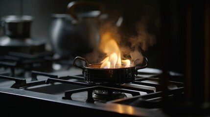 Fire or fire in the kitchen during cooking, fire on the stove. AI generated