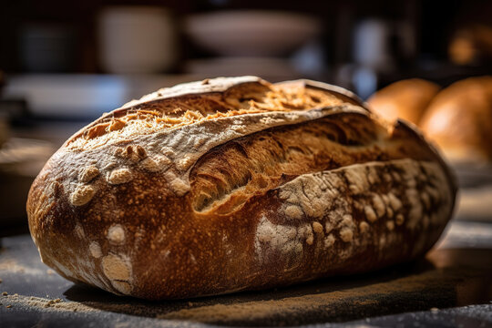 Generative AI illustration of fresh baked bread with seeds in bakery kitchen against blurred background