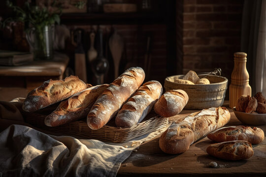 Generative AI image of fresh baked loaves of bread placed on rustic basket in kitchen with various utensils in background