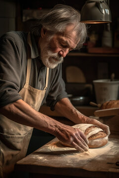 Generative AI image of focused middle aged male baker in apron looking down and kneading piece of fresh bread while working in bakery kitchen in lamp light