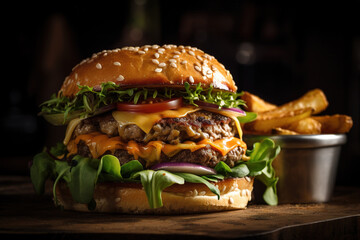 Generative AI image of yummy burger with grilled meat topped with vegetables tomatoes ketchup sliced onions cheese fresh lettuce and soft buns placed on board with fries