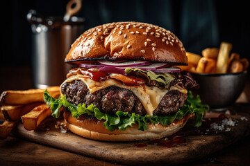 Generative AI image of yummy burger with grilled meat topped with vegetables tomatoes ketchup sliced onions cheese fresh lettuce and soft buns placed on board with fries