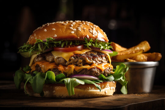 Generative AI image of yummy burger with grilled meat topped with vegetables tomatoes ketchup sliced onions cheese fresh lettuce and soft buns placed on board with fries