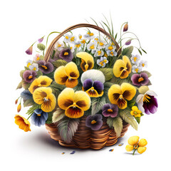 Bouquet of yellow flowers in a basket, yellow pansies Generative AI