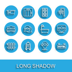 Set line Heating radiator, Suitcase, Bathtub, Five stars rating review, Signboard with text Hotel, and shower icon. Vector