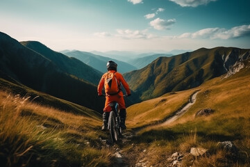 Fototapeta premium Biker on a mountain trail, waiting to go downhill while surrounded by a stunning landscape. Ai generated
