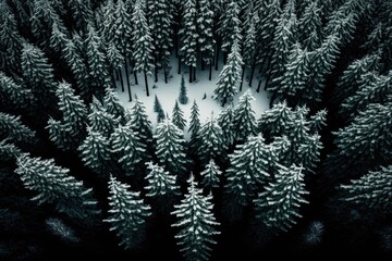 winter forest scene with snow-covered pine trees. Generative AI