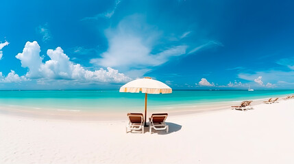 Obraz premium Chairs and umbrella on a paradise beach. Generative AI