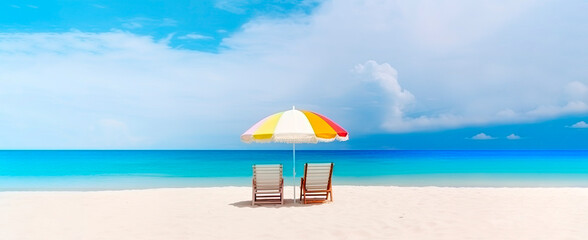 Chairs and umbrella on a paradise beach. Generative AI