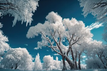 serene winter wonderland with snow-covered trees and a clear blue sky. Generative AI