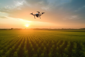 Fototapeta na wymiar Future technology in agriculture, dron flying over crop fields. Generative AI