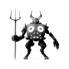 Warrior robot with horns holding a trident. Isolated on white background. Vector illustration. Halftone design.
