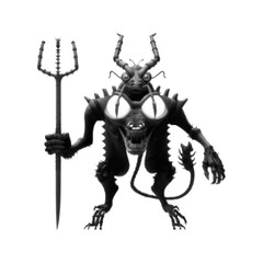 Fototapeta premium Insectlike Monster with horns and big yellow eyes and tail holding a trident. Isolated on white background. Vector illustration. Halftone design.