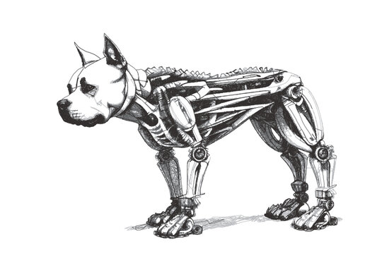 Biomechanical Pit Bull Terrier cyborg. Doodle sketch. Vector illustration.
