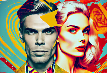 Fototapeta premium Pop up style creative poster of woman and man face. Generative AI