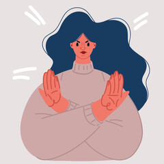 Vector illustration of Frowned woman with negative face expression saying no, showing denial, ignore or stop gesture.