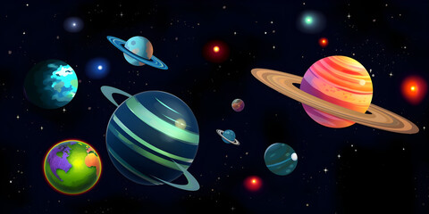 Cartoon illustration Of Space. Space flat background with planets and stars. Galaxy illustration for kids. Generative AI