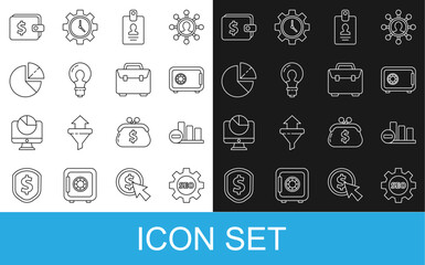 Set line Seo tag with gear wheel, Pie chart infographic, Safe, Identification badge, Light bulb concept of idea, Wallet dollar and Briefcase icon. Vector