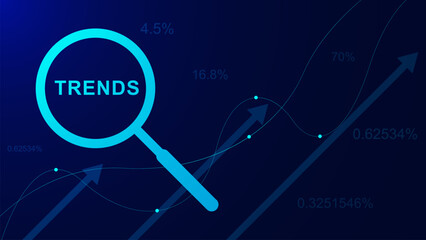 Trend analysis with magnifying glass icon and arrow up. SEO keywording, customer insight concept background design.