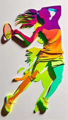 Fototapeta premium Woman dunking in tennis. Female engaged in some physical activity made of paper cut-outs in a wide range of vibrant colors. Ai generated.