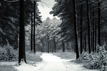 serene winter path through snowy woods in black and white. Generative AI