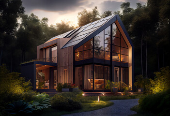 Fototapeta premium Modern sustainable home with beautiful garden. Generative AI