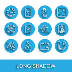 Set line Casino slot machine with grape, Money bag, chips, Wallet money, Horseshoe, Playing card heart, dealer and Stick for icon. Vector