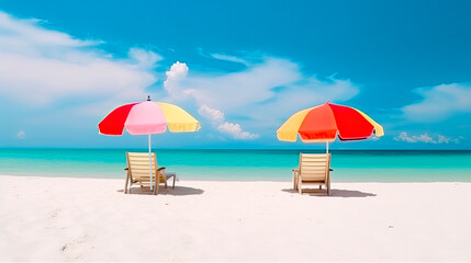 Fototapeta na wymiar Chairs and umbrella on a paradise beach. Generative AI
