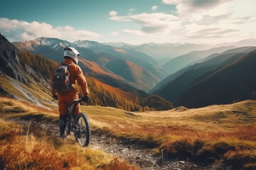 Obraz premium Biker on a mountain trail, waiting to go downhill while surrounded by a stunning landscape. Ai generated