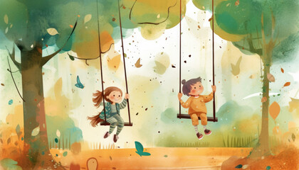 Childhood kids illustration in beautiful colors and childrens book style. AI generated