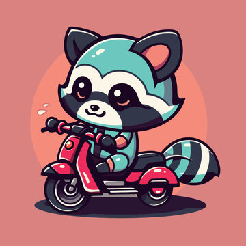 Raccoon on a red scooter, cartoon, cartoon, animal, hd wallpaper