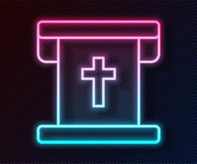Fototapeta premium Glowing neon line Flag with christian cross icon isolated on black background. Vector