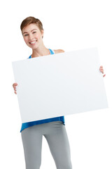 Excited, mockup and portrait of woman with poster on isolated, png and transparent studio background . Advertising, brand and happy girl with board, banner and bulletin for news, copy space and promo