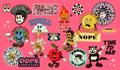 A set of vector retro cartoon stickers and playful characters including a flower, bee and cat with uninspiring messages. © James Thew