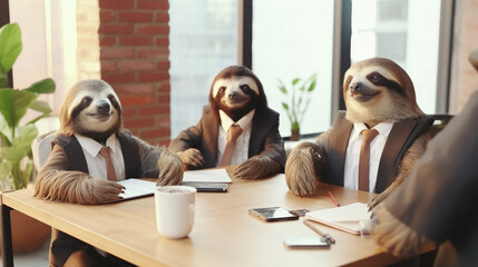 Positive sloths in the office during business meeting. Sunny day. Generative AI - 591914126